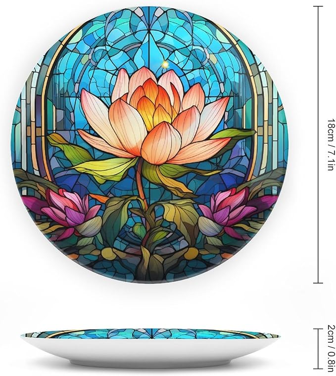 Decorative Plates for Home Decor, Water Lily Blue Stained Glass Print Decor Tray for Table Display, Ceramic Dinner Plate W/Stand, Living Room Dining Room Decor, Gifts for Lotus Lover, 7 Inch
