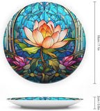 Decorative Plates for Home Decor, Water Lily Blue Stained Glass Print Decor Tray for Table Display, Ceramic Dinner Plate W/Stand, Living Room Dining Room Decor, Gifts for Lotus Lover, 7 Inch