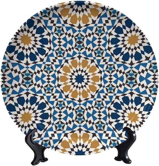 Turkish Decorative Ceramic Plates, 10 Inch, Blue Round Display Plate, Hanging Decorative Plate with Display Stand, Ceramic Craft for Wall Hanging Decorative