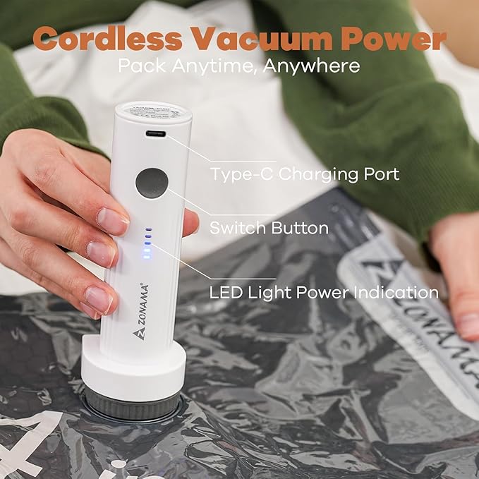 Vacuum Storage Bags for Travel with Wireless Rechargeable Air Pump, 12 Pack Travel Essentials Space Saver Compression Bag for Luggage, Suitcase, Backpack, Vacuum Seal Bags for Home Storage Clothing