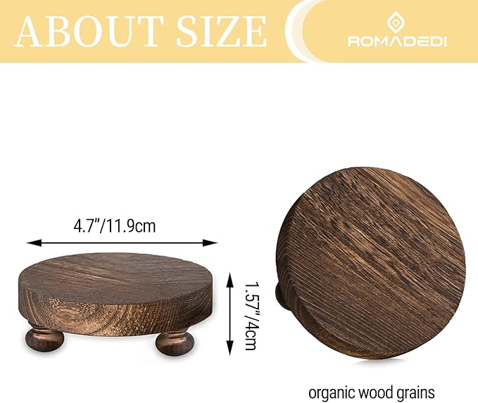 Romadedi Farmhouse Wood Riser for Display- 4 pcs Rustic Decor Mini Wooden Pedestal Decorative Round Tray for Home Table Bathroom Counter Shelf Kitchen, Brown