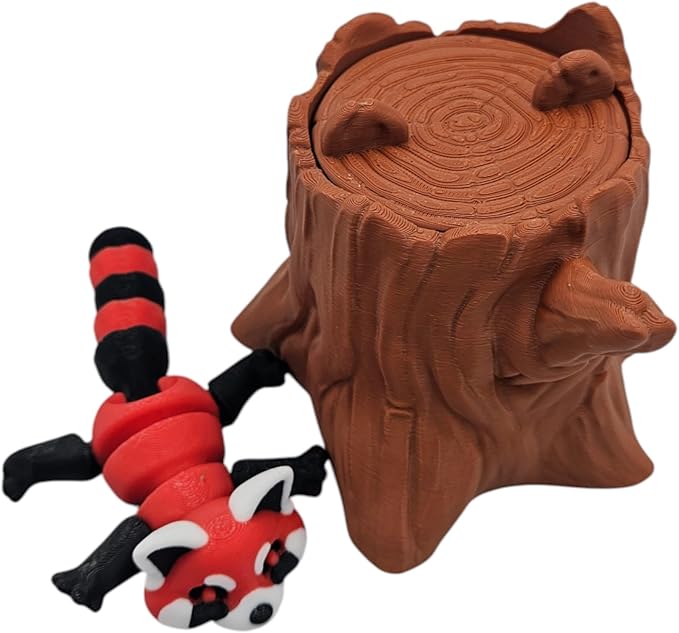 Articulating Animals Raccoon, Fox, Panda, Skunk, Possum with Containers - 3D Printed Articulated Joints ADHD, Autism, Relief Anxiety, Collectible Figurines (Red Panda Tree Stump)