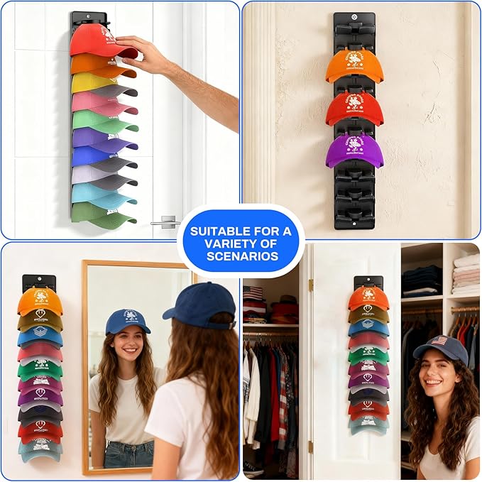 BRIGHTWORLD Hat Rack for Baseball Caps, 2 Pack Hat Rack for Door Hold Up to 20 Hats, Baseball Cap Organizer, Hat Organizer for Closet Door Bedroom (Adhesive or Screw Mount) BLACK