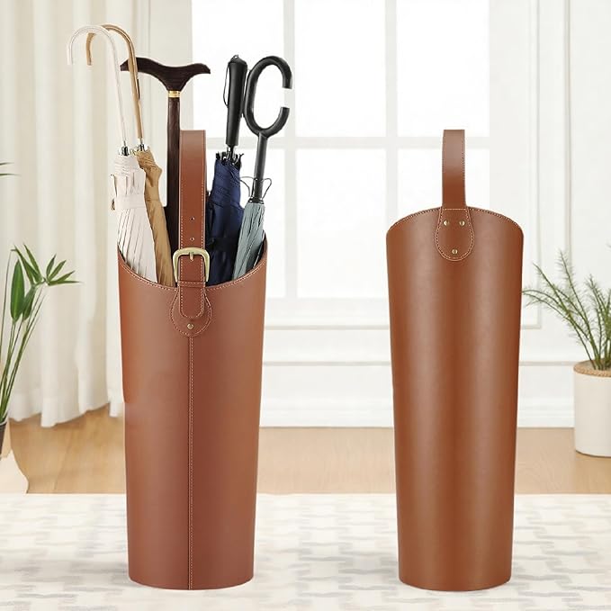 Indoor Entryway leather Umbrella bucket，Large Capacity Umbrella Storage stand，tall umbrella holder,For Hotel,Offices,home,Commercial(Black+brown)