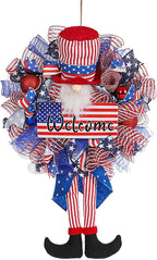 Patriotic Wreath for Front Door Red White Blue Wreath 4th of July Wreaths for Door Wall Memorial Day Decor Independence Day Hanging Decoration for Outside Home Farmhouse Holiday (Long-Legged hat)