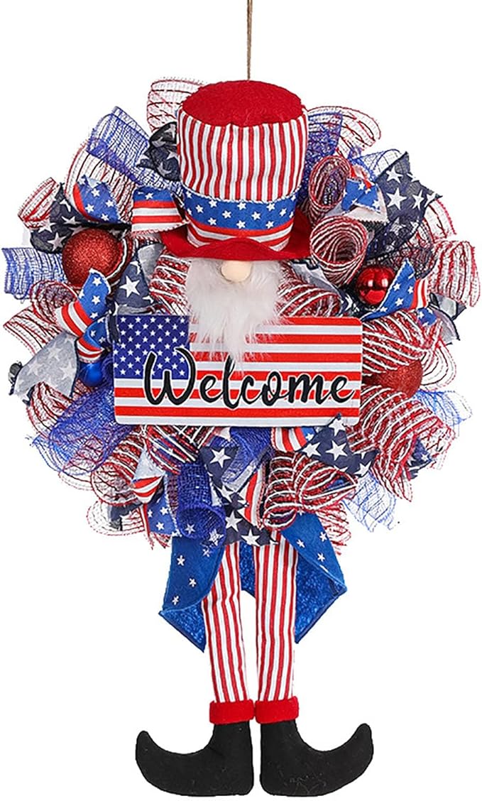 Patriotic Wreath for Front Door Red White Blue Wreath 4th of July Wreaths for Door Wall Memorial Day Decor Independence Day Hanging Decoration for Outside Home Farmhouse Holiday (Long-Legged hat)
