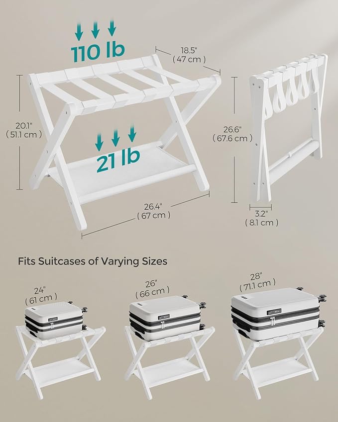 SONGMICS Luggage Rack, Set of 2, Folding Suitcase Stand with Storage Shelf, for Guest Room, Hotel, Bedroom, Heavy-Duty, Holds up to 131 lb, Cloud White URLR007W02