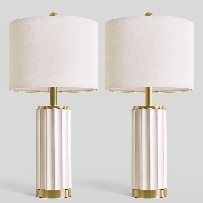 USumkky 25.75" Off-White Ceramic Table Lamp Set of 2, Mid Century Modern Bedside Nightstand Lamps for Bedroom Living Room, Linen Shade & Gold Metal Base, Rotary Switch E26 (Bulbs Excluded)
