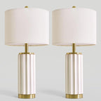 USumkky 25.75" Off-White Ceramic Table Lamp Set of 2, Mid Century Modern Bedside Nightstand Lamps for Bedroom Living Room, Linen Shade & Gold Metal Base, Rotary Switch E26 (Bulbs Excluded)
