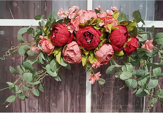 30 Inch Artificial Peony Flower Swag, Decorative Floral Swag with Fake Peonies Hydrangeas Eucalyptus Leaves Handmade Garland Wreath for Wedding Party Home Decor(Red)
