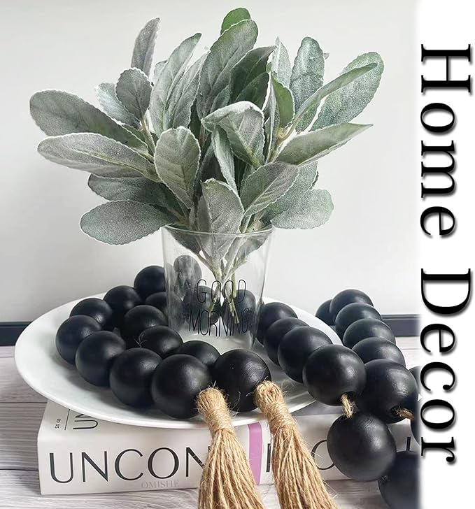 OMISHE 60" Long Extra Large Wood Bead Garland with 1.6" Diameter Wooden Beads and Tassels, Rustic Farmhouse Country Decorative Beads for Home Decor Tiered Tray Decor, Black