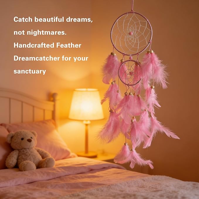 Pink Dream Catcher Wall Decor Handmade Feathers Dreamcatcher Wall Hanging Ornament Room Decor, Dream Catchers for Girls Kids Boys Bedroom Decor Art Craft Gift