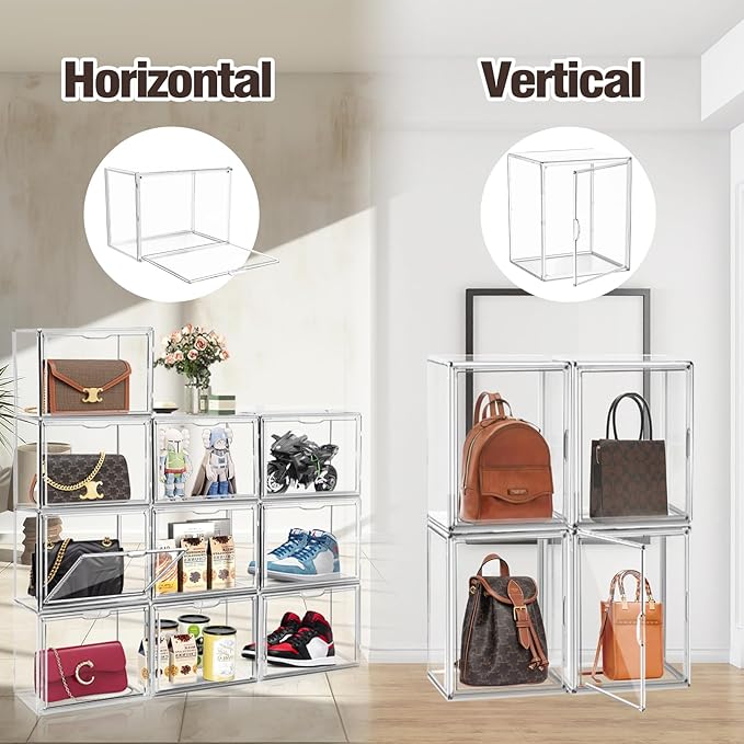 XX-Large Acrylic Display Case 11.4'' x 9.8'' x 15.3'', Boot Boxes for Tall Boots Size 15, Large Sneaker Shoe Box Clear Stackable Storage Boxes for Collectibles Handbag Organizer with Magnetic Lids