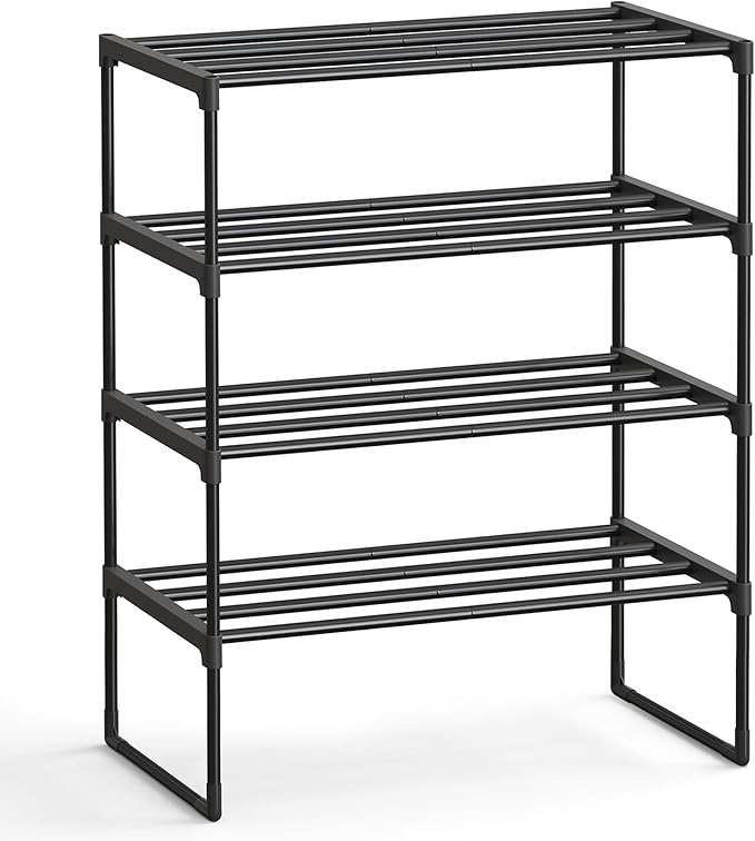 SONGMICS Shoe Rack, 4-Tier Shoe Organizer, Metal Storage Shelf, Upright or Upside Down, for 10-15 Pairs, Stackable, for Entryway, 11.8 x 26.8 x 28.4 Inches, Black ULSA204B01