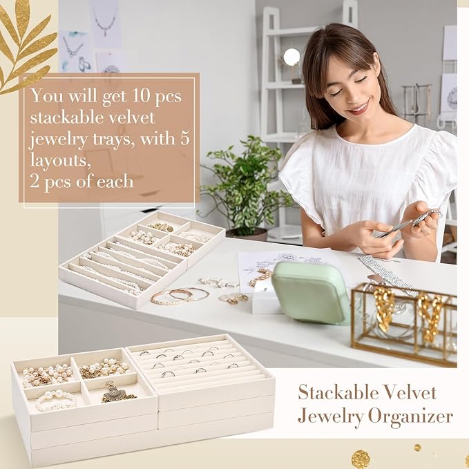 Set of 10 Stackable Jewelry Organizer Trays for Drawer 14 Inch Velvet Jewelry Drawer Insert Display Storage with Removable Divider for Necklace Earring Ring Watch Bracelet (Beige)