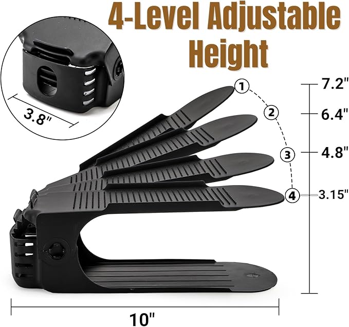 24 Pack Shoe Slots Organizer, Adjustable 4 Levels Shoe Stackers, Double Deck Shoe Storage Holder, 50% Space Savers Rack, Thickening Plastic Shoes Riser for Closet Entryway Organization, Black