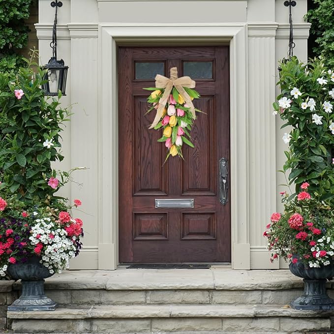 2 Pcs Artificial Tulips Teardrop Swag for Front Door,18 in Spring Floral Swags Wreath with Colorful Tulips,Green Leaves and Burlap Bows,Spring Summer Teardrop Wreath,Wedding Decorative Swag