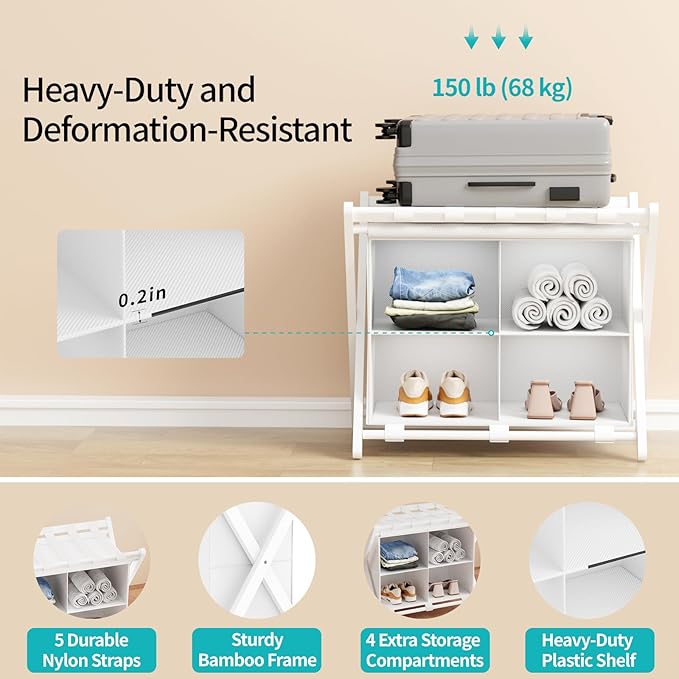 White Bamboo Luggage Rack with 4 Storage Compartments ，Foldable Suitcase Stand, Luggage Rack for Guest Room , 150lbs Capacity, Sturdy,