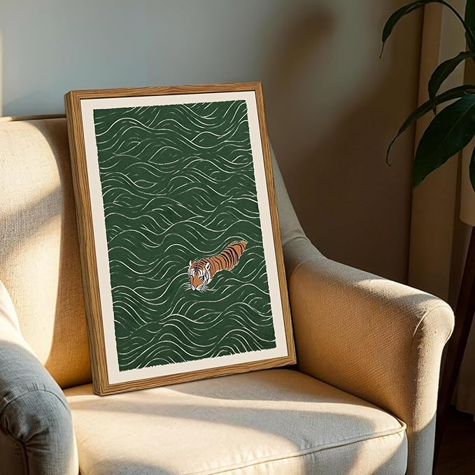 Framed Japanese Tiger Wall Art, Vintage Tiger Swimming Pictures Wall Decor, Funny Wild Animal Paintings Canvas Prints Eclectic Home Decor for Living Room Bedroom Bathroom 16x24 inch