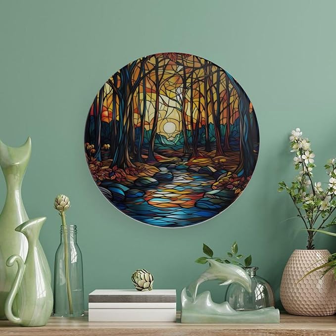 Stained Glass Theme Decorative Ceramic Plate Round Porcelain Plate,7 inch,Sunset Forest Stream Pattern,for Decorative Ornaments Giving Plates, 1 Plate with 1 Display Stand,Orange Blue