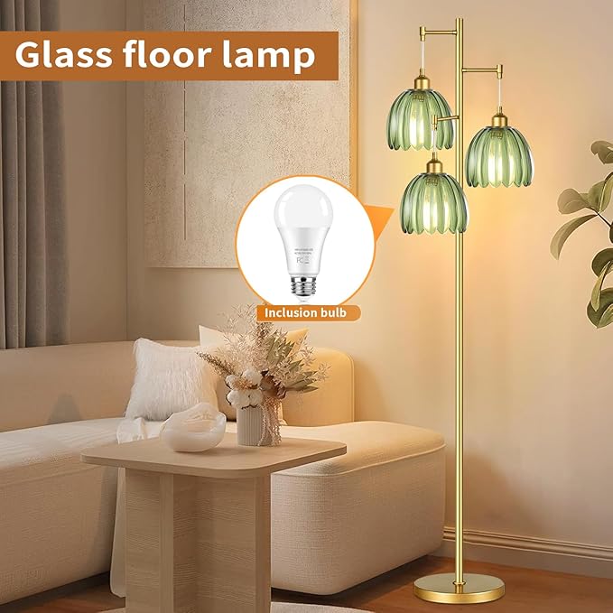 QIYIZM Gold Floor Lamp for Living Room,Bedroom,Mid Century Modern Standing Lamp Brass Tree 3 Light Tall Floor Lamps Vintage Retro Floor Lights Glass Green Flower Lamp Shade Farmhouse Boho Bohemian