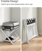 Fully Assembled White Bamboo Luggage Rack, 5 Straps Folding Suitcase Stand with Shoe Shelf, Heavy Duty Wood Large Luggage Holders for Guest Room, Bedroom, Hotel
