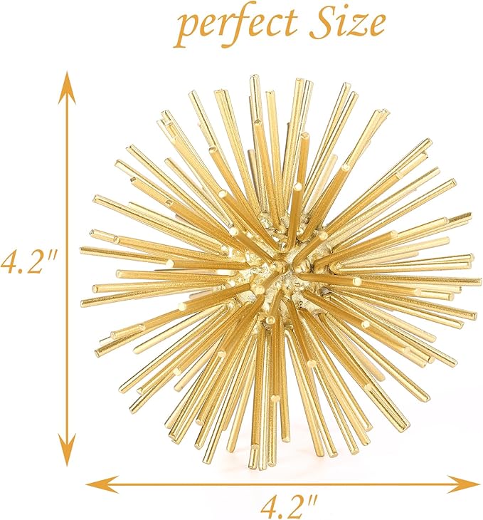 Gold Sphere Decor, Metal Gold Starburst Tabletop Sculpture Decor, Modern Metal Starburst Centerpiece, Spike Ball Decoration for Home Decor