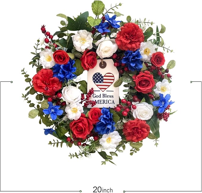 Idyllic 20Inch 4th of July, Patriotic, Independence Day Wreath for Front Door, Red White and Blue Flower Memorial Day, Independence Day Wreath for Front Door Wall Window Decor