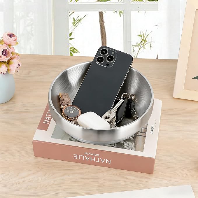 Silver Decorative Bowl Key Holder Bowl for Entryway Table Catchall Bowl for Candy Key Fruit Decorative Serving Bowls for Coffee Table Home Decor, 7.4 Inches