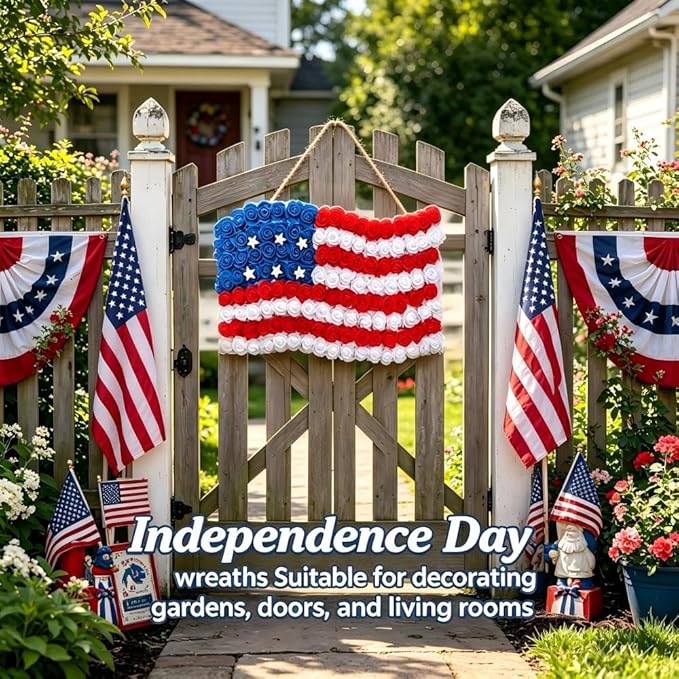 4th of July Decorations Outdoor Patriotic Wreaths for Front Door 250th Anniversary Decorations Red White and Blue American Flag Wreath (American Flag Sunflower C)