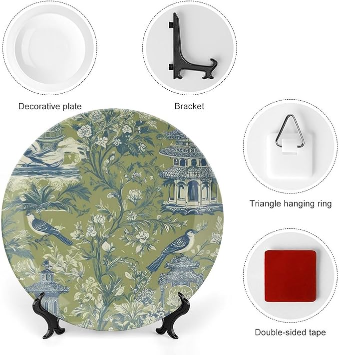Asian Green Chinoiserie Plates Ceramic of 6", 7", 9", 10", Customize Pagoda Garden Imperial Ceramic Salad Plates, Household Wedding Decorations Festival, 1 Plate with 1 Display Stand