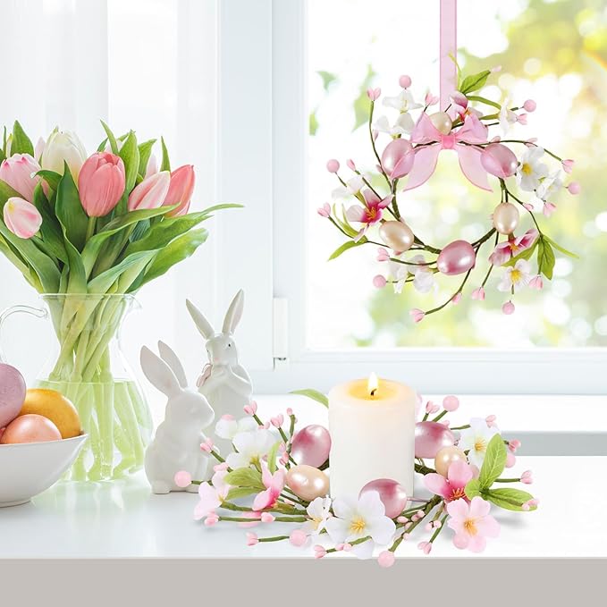 8 PCS Small Easter Wreaths for Kitchen Cabinet Mini Artificial Easter Egg Flower Wreath for Front Door Spring Summer Hanging Wreath with Pink Ribbon Berry for Home Porch Wall Window Farmhouse Decor