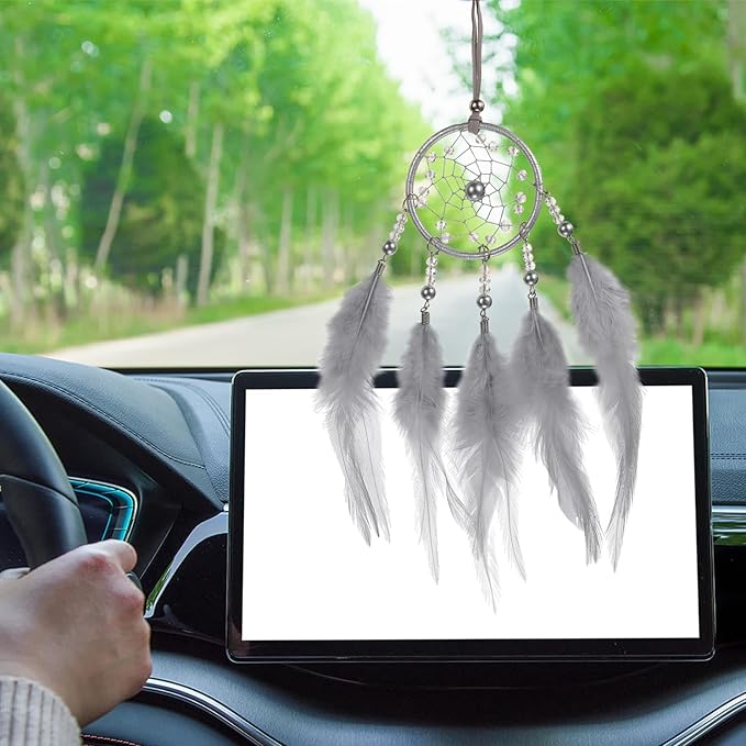 uxcell 2pcs Dream Catchers, Small Handmade Feather Dreamcatcher Supplies Car Charm with Crystal Beads Wall Hanging Decor for Home Car Decoration Ornament Women Friend Gift, Purple Grey