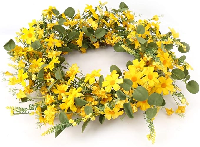 J'FLORU Artificial Spring Wreath 22 Inch Summer Wreaths for Front Door Yellow Daisy Wreath for Indoor Outdoor Home Decor and Easter Celebration