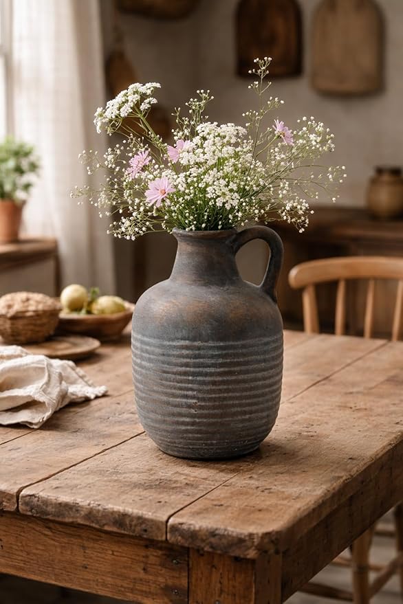 SIDUCAL Rustic Ceramic Farmhouse Flower Vase with 1 Handle-Height 8.43" Terracotta Vase, Unique Textured Pottery Flower Vases for Home Decor, Table, Wedding, Living Room, Shelf Decor, Bronze Black