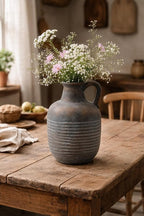 SIDUCAL Rustic Ceramic Farmhouse Flower Vase with 1 Handle-Height 8.43" Terracotta Vase, Unique Textured Pottery Flower Vases for Home Decor, Table, Wedding, Living Room, Shelf Decor, Bronze Black
