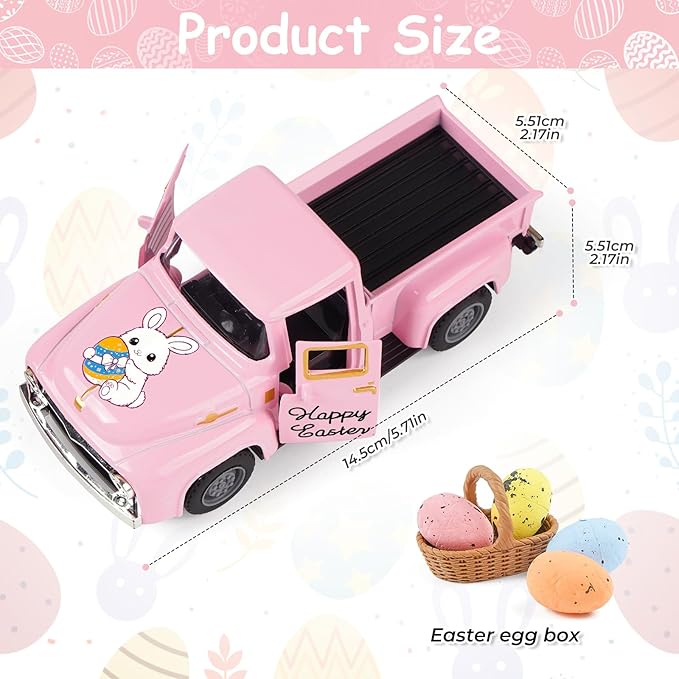 Spring Truck Decor, Pink Egg Bunny Truck Decorations for Home Indoor, Mini Basket Eggs Truck Tiered Tray Decor, Spring Rustic Farmhouse Kitchen Tabletop Decorations for Office