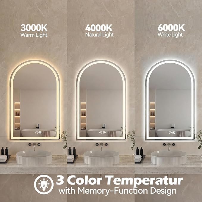 Sweetcrispy 20“x 28” LED Bathroom Backlit Mirror with Lights, Arched Lighted Bathroom Vanity Mirrors with Anti-Fog, Dimmable, 3-Color Light, Memory Function, Tempered Glass, Water-Proof Design