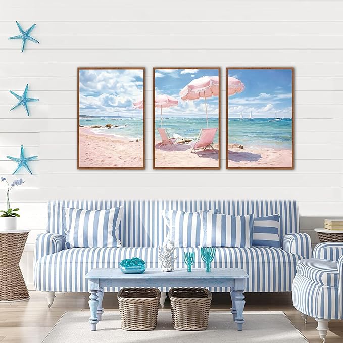 KAlRNE Summer Pink Beach Framed Canvas Wall Art Set of 3(24”X36”),Seascape Coastal Surfing Wall Decor,Modern Nature Ocean Art Prints For Living Room Bedroom Office