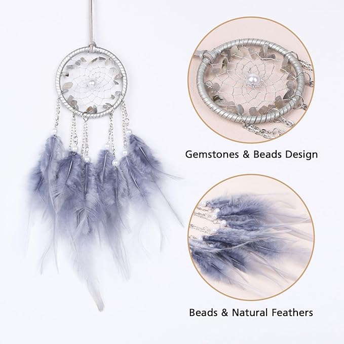 Pretty Jolly Crystal Stone Small Dream Catchers Grey Blue Feathers Mini Dreamcatchers with Beads for Cars Rear View Mirror Hanging Decoration Good Luck Travel Charm Bedroom Ornaments for Women Girls