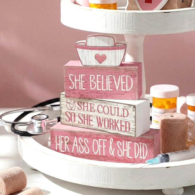 Lineshading 4 Pcs Nurse Appreciation Wooden Block Decor Inspirational "she Believed She Could" Stacked Sign with Nurse Hat Rustic Pink White Table Decoration for Nurses, Graduation Gift, Home & Office