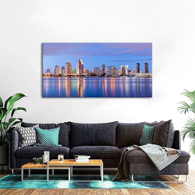 San Diego City Wall Art USA Cityscape Wall Decor Sunset San Diego Skyline Canvas Prints Picture California Night View Painting Poster Modern Artwork for Bedroom Living Room Home Decorations 24x48”