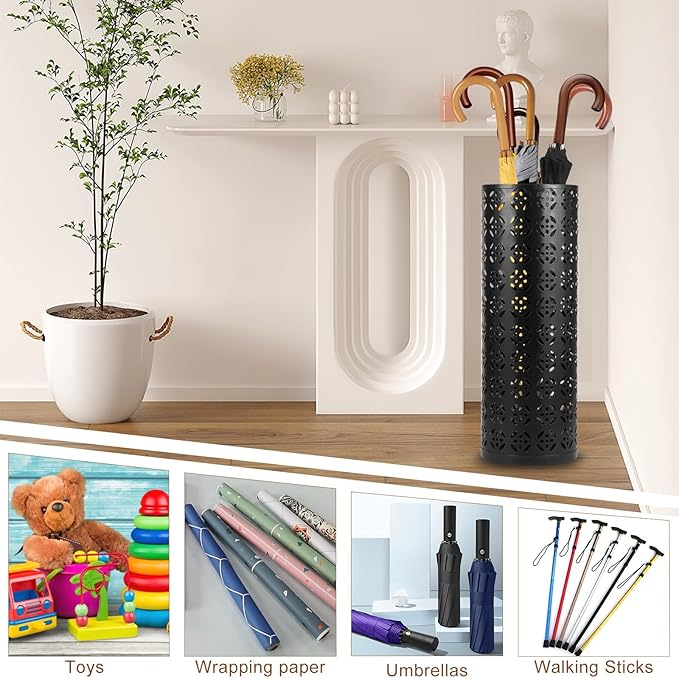 Umbrella Stand for Entryway, Metal Umbrella Holder, Freestanding Umbrella Stand Round Umbrella Holder Bin Waterproof Umbrella Storage Rack Indoor Walking Stick Holder for Home Entryway(15*42cm,Black)