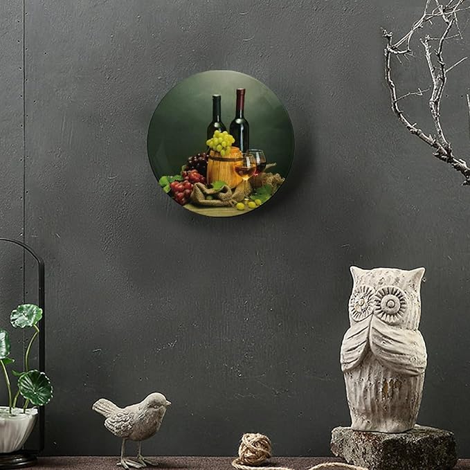 Decorative Plate Stand, 8 Inch, Red Wine Bottle Round Display Plate, Decorative Plates with Stand, Ceramic Craft for Wall Hanging Decorative