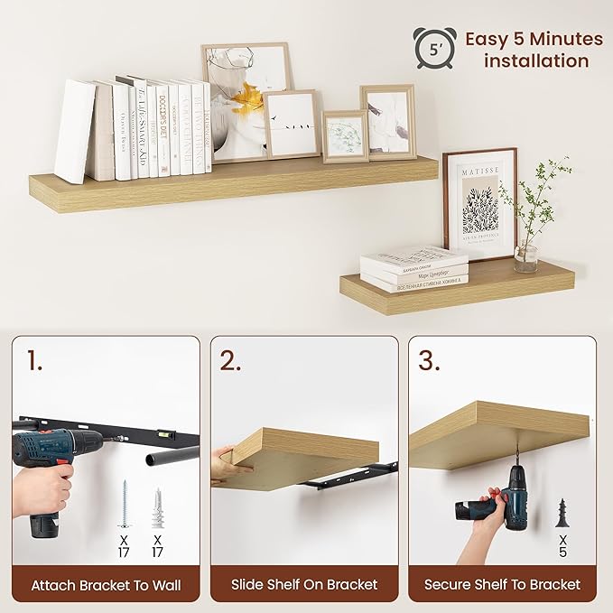 Vivelove 12 Inch Deep Floating Shelves 24 inch Long, 24 x 12 Wide Display Shelves with Invisible Brackets, Shelf for Bedroom Bathroom Living Room Office Home, Modern Shelf Set of 2, Oak