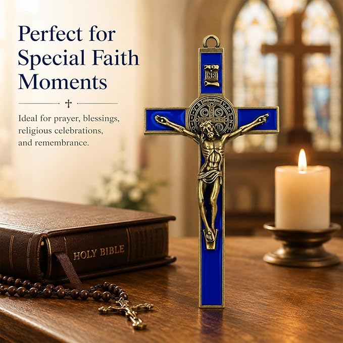 TALPGOD St Benedict Crucifix Gold Blue 7.2 Inch,Crucifix Wall Cross for Catholic Decor,Jesus Christ Hanging Cross Wall Art Decor,Escapularios Catolicos,Saint Benedict Medal for Home Decoration