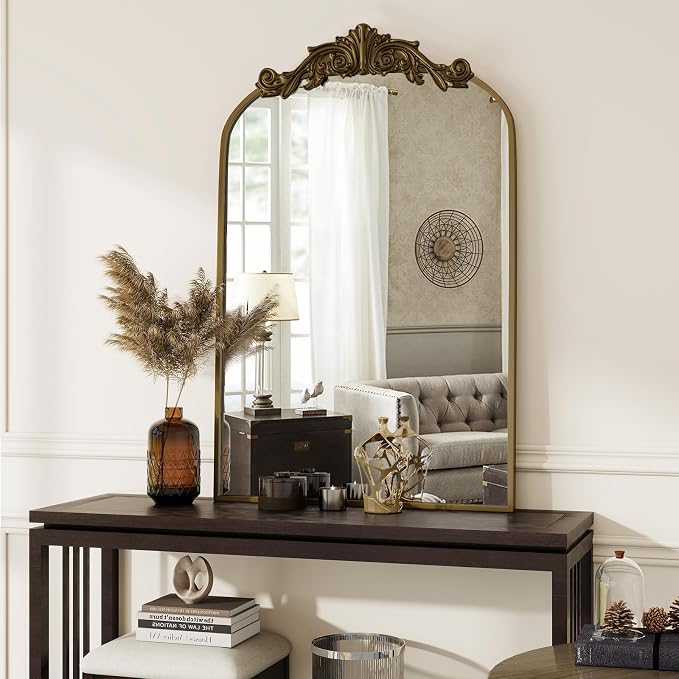 VooBang Vintage Arched Bathroom Mirror, 24x36 Inch Retro Wall Mounted Vanity Mirror with Carved Pattern Top and Metal Frame, Antique Decorative Mirror for Hanging or Leaning