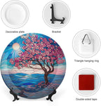 Stained Glass Theme Decorative Ceramic Plate Round Porcelain Plate,7 inch,Cherry Tree Pattern,for Decorative Ornaments Giving Plates, 1 Plate with 1 Display Stand,Blue Pink