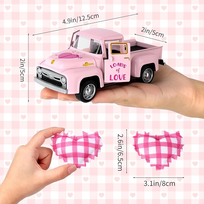 Valentine's Day Mini Metal Truck Romantic Love Model with Pink Hearts Vintage Metal Farm Pickup Truck Farmhouse Tiered Tray Decor for Farmhouse Shelf Kitchen Table Home Decor