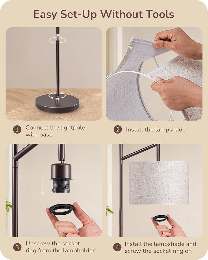 EDISHINE 64.7" Modern Minimalist Floor Lamps for Living Room with 3 Color Temperatures Bulb & Adjustable Linen Shade, Foot Pedal Switch, Tall Standing Lamp for Bedroom Office, Brown